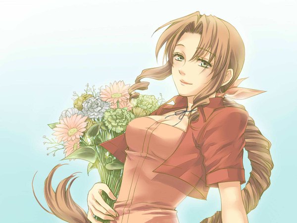 Anime picture 1600x1200 with final fantasy final fantasy vii square enix aerith gainsborough tagme (artist) single long hair looking at viewer fringe smile brown hair green eyes braid (braids) open clothes open jacket single braid drill hair girl dress hair ornament