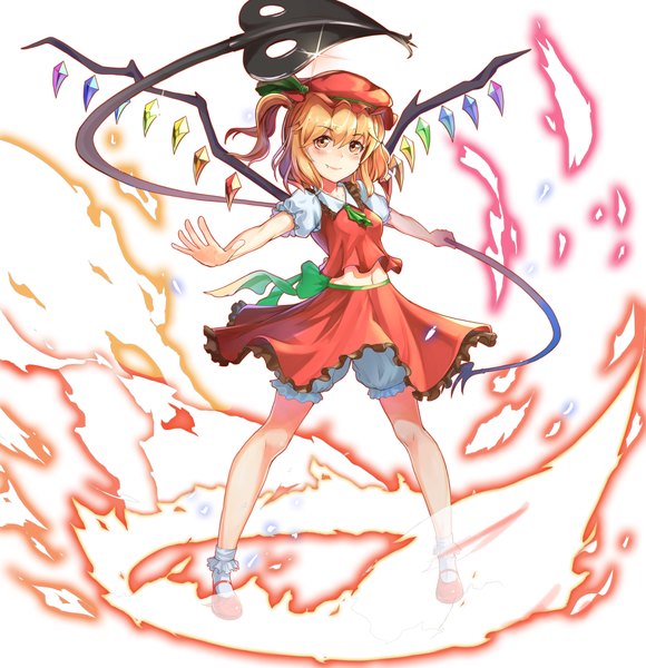 Anime picture 4969x5136 with touhou flandre scarlet dampi single tall image looking at viewer fringe highres short hair simple background blonde hair smile hair between eyes standing white background yellow eyes absurdres short sleeves fang (fangs) puffy sleeves