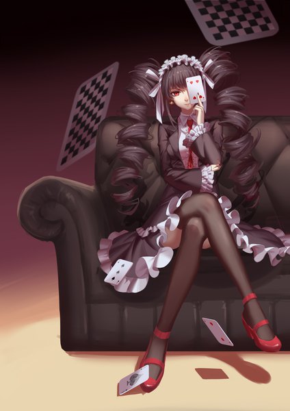 Anime picture 2480x3507 with dangan ronpa celestia ludenberg maomaozi single long hair tall image looking at viewer highres black hair simple background red eyes sitting holding shadow crossed legs gradient background drill hair girl thighhighs dress