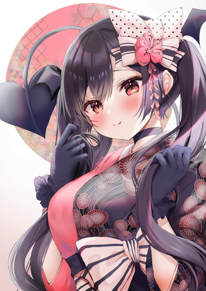 Anime-Bild 1416x2000 mit original riasu-chan (ayuma sayu) ayuma sayori single long hair tall image looking at viewer fringe black hair simple background smile hair between eyes red eyes standing white background twintails tail traditional clothes japanese clothes arms up