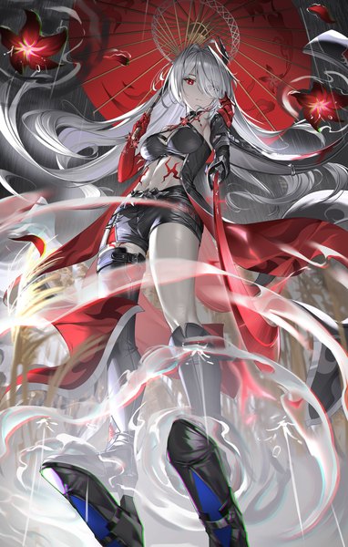 Anime picture 2224x3491 with honkai: star rail honkai (series) acheron (honkai: star rail) al guang single tall image looking at viewer fringe highres red eyes standing silver hair full body very long hair hair over one eye from below reflection ripples girl shorts