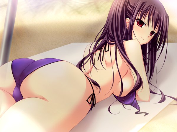 Anime picture 1200x900 with breasts light erotic red eyes brown hair game cg beach girl swimsuit