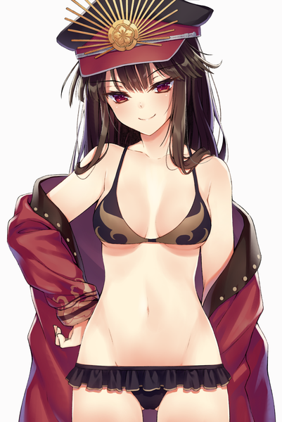 Anime picture 1000x1494 with fate (series) fate/grand order oda nobunaga (fate) (all) oda nobunaga (swimsuit berserker) (fate) kuro futoshi single long hair tall image looking at viewer fringe breasts light erotic simple background smile red eyes brown hair white background off shoulder hand on hip underboob