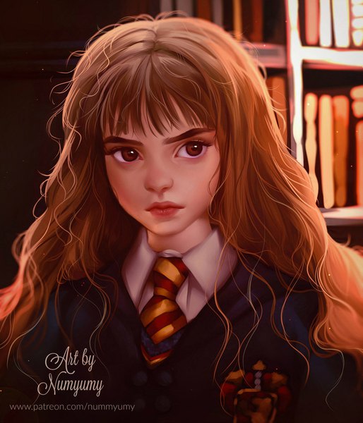 Anime picture 800x934 with harry potter hermione granger numyumy single long hair tall image fringe brown hair brown eyes signed looking away blunt bangs realistic lipstick watermark portrait wavy hair striped red lipstick girl