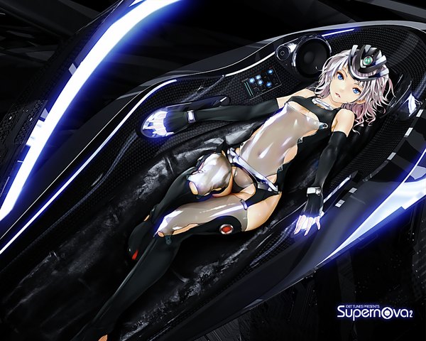 Anime picture 1280x1024 with vocaloid supernova redjuice single short hair breasts blue eyes light erotic pink hair underboob girl thighhighs gloves elbow gloves armor fingerless gloves