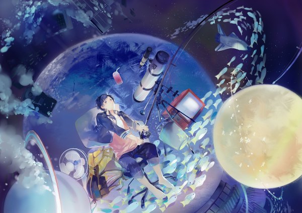 Anime picture 1200x848 with original nineo single looking at viewer short hair sitting blue hair orange eyes underwater space abstract boy book (books) star (stars) bag fish (fishes) fan drink planet bucket