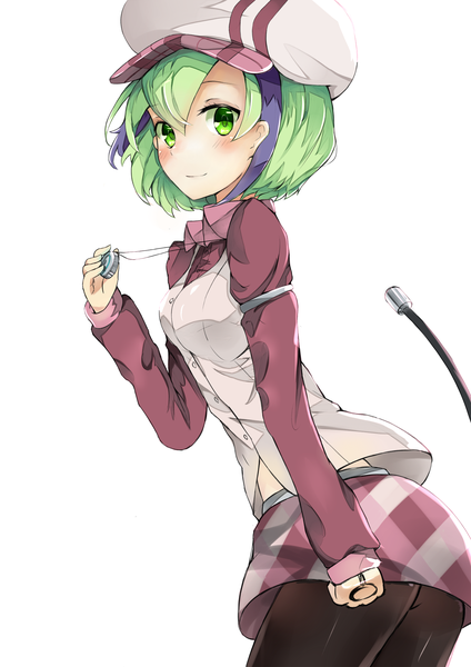 Anime picture 1600x2263 with dimension w yurizaki mira nagiha kuten single tall image looking at viewer blush fringe short hair simple background hair between eyes white background holding green eyes purple hair tail multicolored hair green hair light smile two-tone hair