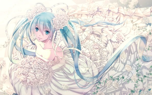 Anime picture 1692x1062 with vocaloid hatsune miku shijuu hachi single smile twintails bare shoulders holding very long hair aqua eyes from above aqua hair checkered floor floor girl dress gloves flower (flowers) plant (plants) elbow gloves
