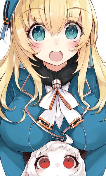 Anime picture 1210x2000 with kantai collection atago heavy cruiser northern ocean hime kou mashiro long hair tall image looking at viewer blush breasts open mouth blue eyes simple background blonde hair red eyes white background multiple girls ahoge white hair horn (horns) white skin