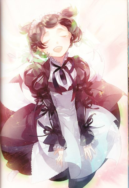 Anime picture 1203x1746 with kazuaki tall image short hair open mouth brown hair white background twintails eyes closed maid short twintails pink background girl ribbon (ribbons) choker socks white socks apron