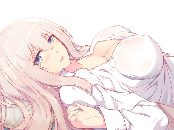 Anime picture 2100x1575 with warship girls r lexington (warship girls r) xiao shei.. single long hair looking at viewer blush fringe highres breasts open mouth blue eyes light erotic simple background hair between eyes large breasts white background payot pink hair cleavage