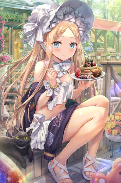 Anime picture 5585x8436 with fate (series) fate/grand order abigail williams (fate) abigail williams (swimsuit foreigner) (fate) torino aqua single long hair tall image looking at viewer blush highres blue eyes light erotic sitting bare shoulders holding absurdres full body bent knee (knees) outdoors