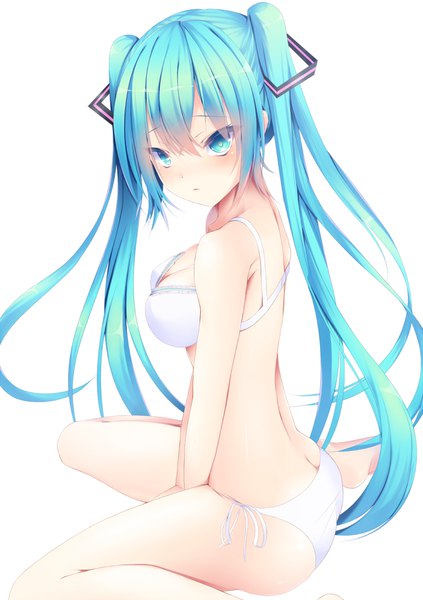 Anime picture 653x926 with vocaloid hatsune miku kiseno single long hair tall image looking at viewer blush fringe breasts light erotic hair between eyes white background sitting twintails aqua eyes aqua hair underwear only back wariza