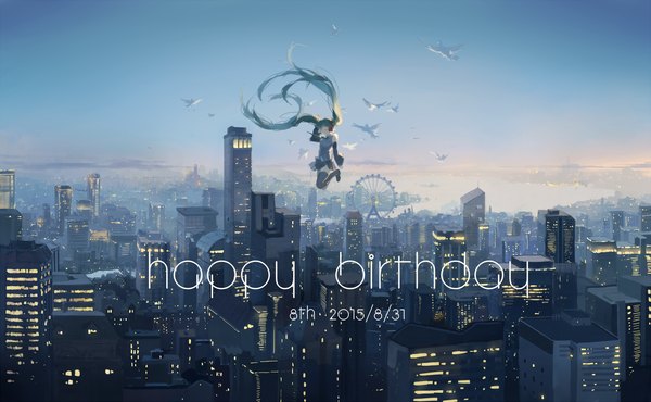 Anime picture 1503x929 with vocaloid hatsune miku spencer sais single wide image sky very long hair pleated skirt wind inscription zettai ryouiki city dated cityscape flying landscape happy birthday river 2015 girl