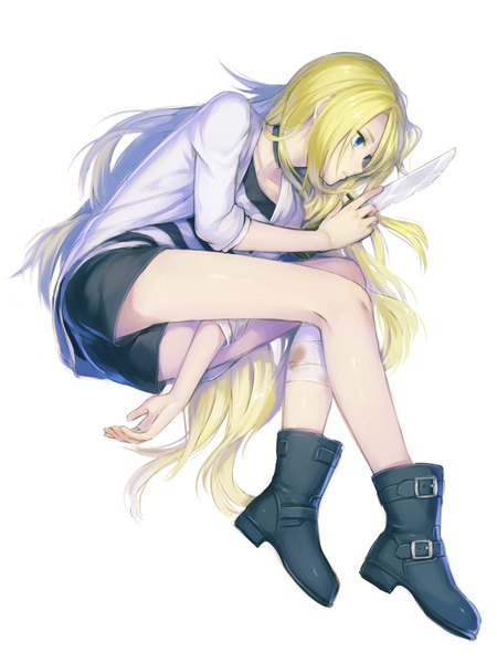 Anime picture 720x960 with satsuriku no tenshi ray (satsuriku no tenshi) miyoichi single long hair tall image blue eyes blonde hair simple background white background looking away full body lying on side between legs embryo's pose girl weapon shorts boots