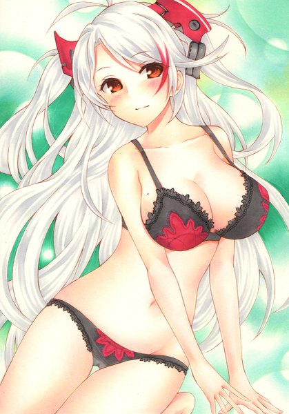 Anime picture 839x1200 with azur lane prinz eugen (azur lane) yoruoujito-tsukinohime single long hair tall image looking at viewer blush fringe breasts light erotic red eyes large breasts cleavage silver hair ahoge barefoot light smile mole two side up