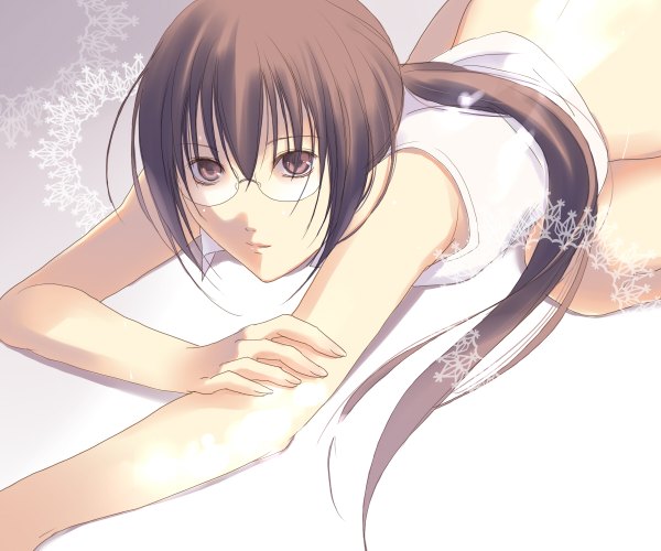 Anime picture 1200x1000 with getbackers studio deen fuuchouin kazuki hirai chika single long hair looking at viewer light erotic brown hair brown eyes ponytail lying no panties flat chest otoko no ko boy glasses