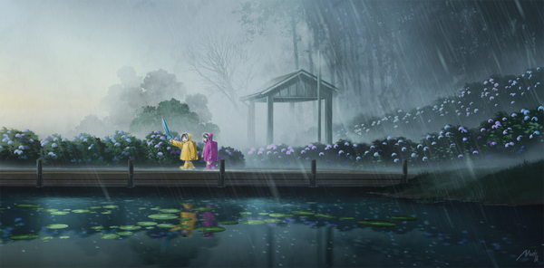 Anime picture 1800x888 with original mocha (cotton) highres short hair brown hair wide image multiple girls rain scenic girl flower (flowers) 2 girls plant (plants) tree (trees) water jacket hood umbrella backpack hydrangea