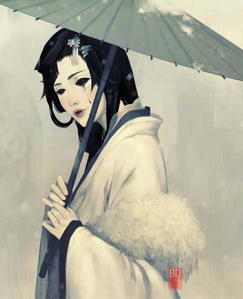 Anime picture 886x1089 with original dark134 single long hair tall image open mouth black hair simple background holding traditional clothes black eyes tears snowing winter girl hair ornament hairclip blood umbrella