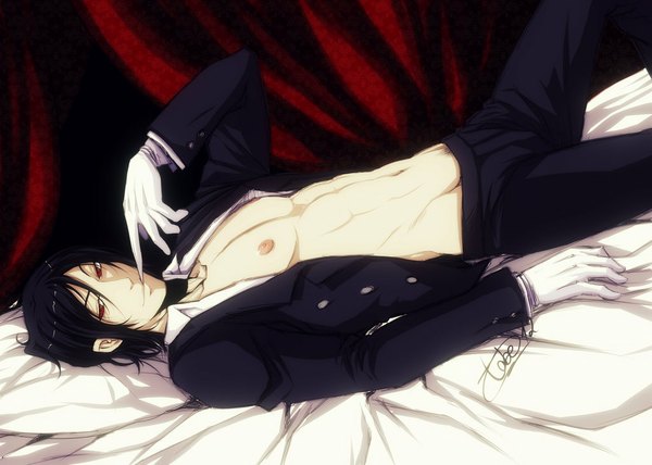 Anime picture 1024x731 with kuroshitsuji a-1 pictures sebastian michaelis single looking at viewer short hair light erotic black hair red eyes signed nipples lying open clothes open shirt erect nipples naked shirt boy gloves navel tailcoat