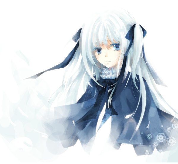 Anime picture 1000x921 with original dhiea single long hair looking at viewer blue eyes simple background white background white hair girl dress ribbon (ribbons) hair ribbon