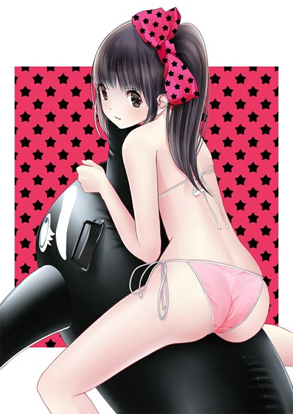 Anime picture 827x1169 with original chikuwa (odennabe) long hair tall image fringe light erotic black hair sitting brown eyes bent knee (knees) ass looking back from behind side ponytail star print girl swimsuit animal bikini star (symbol)