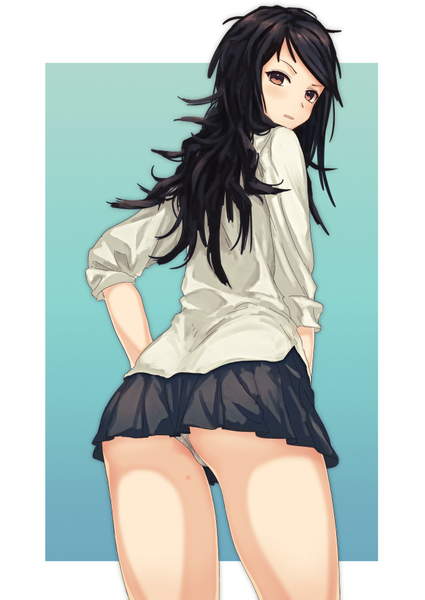 Anime picture 627x885 with original bullfalk single long hair tall image looking at viewer blush light erotic black hair simple background brown eyes ass looking back from behind pantyshot hand on hip messy hair girl skirt underwear