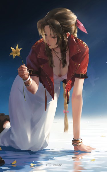 Anime-Bild 1200x1923 mit final fantasy final fantasy vii final fantasy vii remake square enix aerith gainsborough g-tz single long hair tall image fringe breasts brown hair holding signed payot looking away braid (braids) open jacket short sleeves on all fours