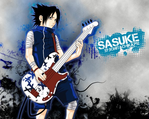 Anime picture 1280x1024 with naruto studio pierrot naruto (series) uchiha sasuke single looking at viewer short hair black hair holding signed black eyes inscription grey background character names spiked hair playing instrument boy ring bandage (bandages) musical instrument