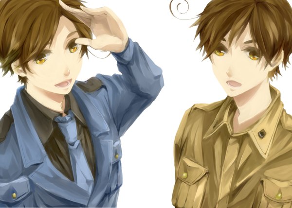 Anime picture 1750x1250 with axis powers hetalia studio deen north italy (hetalia) south italy (hetalia) highres short hair open mouth simple background brown hair white background brown eyes ahoge boy uniform