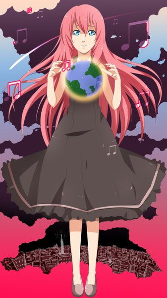 Anime picture 1687x3000 with vocaloid megurine luka savi (byakushimc) single long hair tall image blue eyes pink hair nail polish girl dress musical note planet