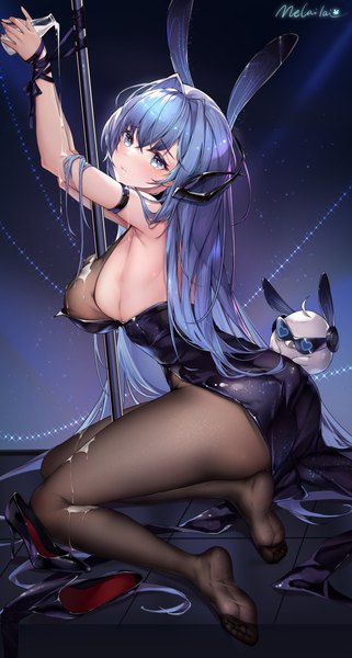 Anime picture 3306x6178 with azur lane new jersey (azur lane) new jersey (exhilarating steps!) (azur lane) melailai single long hair tall image looking at viewer blush fringe highres breasts blue eyes light erotic hair between eyes large breasts sitting holding signed animal ears