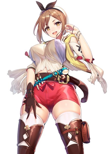 Anime picture 875x1200 with atelier (series) atelier ryza gust (company) reisalin stout ririko (zhuoyandesailaer) single tall image looking at viewer blush fringe short hair breasts open mouth light erotic simple background smile brown hair large breasts standing white background
