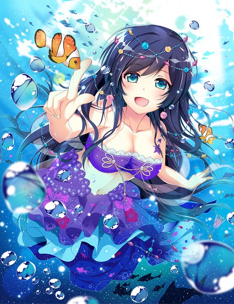 Anime picture 680x880 with love live! school idol project sunrise (studio) love live! toujou nozomi hirai yuzuki single long hair tall image looking at viewer blush fringe breasts open mouth light erotic black hair smile large breasts bare shoulders aqua eyes underwater