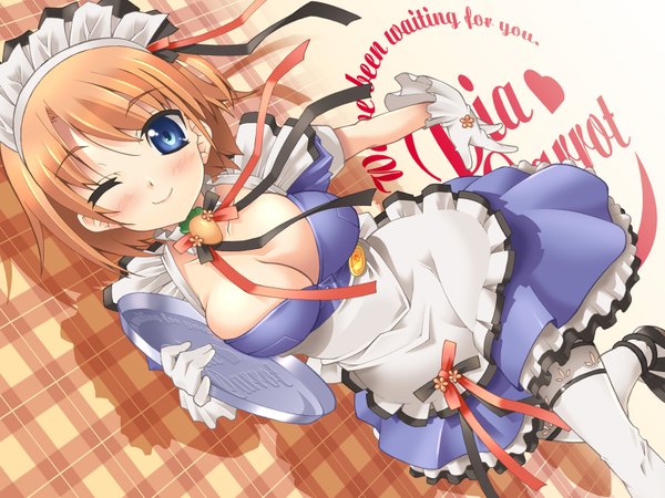 Anime picture 1600x1200 with pia carrot blush highres short hair breasts blue eyes light erotic smile cleavage one eye closed wink orange hair waitress thighhighs gloves tray kugahara mimori
