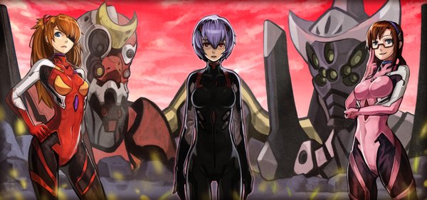 Anime picture 1866x877 with neon genesis evangelion gainax soryu asuka langley ayanami rei makinami mari illustrious goomrrat long hair looking at viewer highres short hair breasts blue eyes smile red eyes brown hair wide image multiple girls purple hair hand on hip covered navel