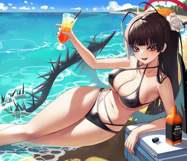 Anime picture 7488x6451 with blue archive tsurugi (blue archive) tsurugi (swimsuit) (blue archive) jaffna single long hair looking at viewer fringe highres breasts open mouth light erotic black hair smile red eyes large breasts sitting holding absurdres sky