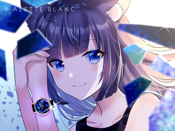 Anime picture 1000x754 with original myusha single long hair looking at viewer blush fringe blue eyes black hair simple background smile bare shoulders animal ears payot upper body blunt bangs blurry cat ears sparkle gradient background