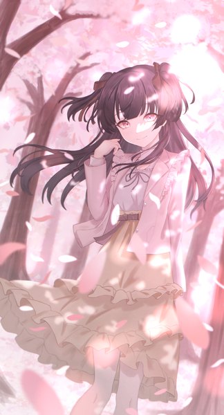 Anime picture 2999x5562 with idolmaster idolmaster shiny colors mayuzumi fuyuko akazaki yukino single long hair tall image looking at viewer highres black hair smile outdoors pink eyes wind two side up cherry blossoms frilly skirt girl skirt plant (plants)