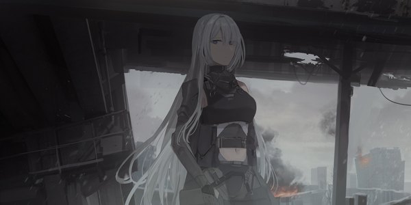 Anime picture 4000x2000 with girls frontline ak-15 (girls frontline) chihuri single long hair looking at viewer fringe highres wide image standing purple eyes payot sky silver hair cloud (clouds) outdoors wind hair over one eye midriff glowing