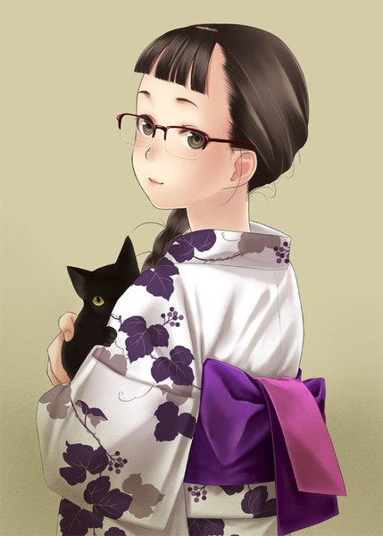 Anime picture 572x800 with original luna2 single long hair tall image looking at viewer black hair brown eyes braid (braids) traditional clothes japanese clothes girl animal glasses kimono obi cat