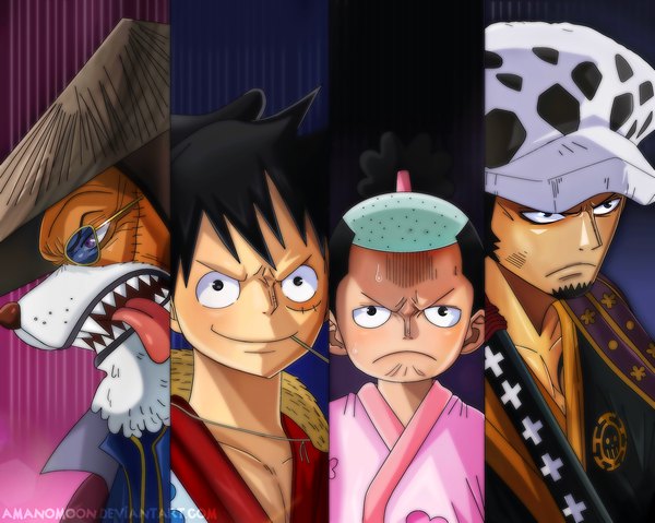 Anime picture 4096x3276 with one piece toei animation monkey d. luffy trafalgar law momonosuke (one piece) inuarashi (one piece) amanomoon looking at viewer blush fringe highres short hair black hair simple background smile holding signed looking away absurdres upper body