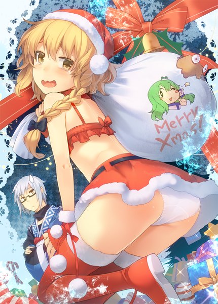 Anime picture 858x1197 with touhou kirisame marisa kochiya sanae morichika rinnosuke eho (icbm) long hair tall image looking at viewer blush open mouth light erotic blonde hair bare shoulders yellow eyes silver hair braid (braids) looking back fur trim christmas crossed arms