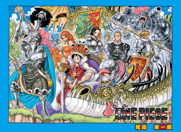 Anime picture 1568x1145 with one piece toei animation nami (one piece) monkey d. luffy nico robin roronoa zoro sanji tony tony chopper usopp franky brook (one piece) oda eiichirou long hair looking at viewer short hair breasts open mouth black hair blonde hair smile