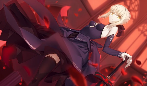 Anime picture 1845x1080 with fate (series) fate/grand order fate/stay night type-moon artoria pendragon (all) saber saber alter yangsion single looking at viewer highres short hair breasts blonde hair wide image standing bare shoulders yellow eyes payot wind