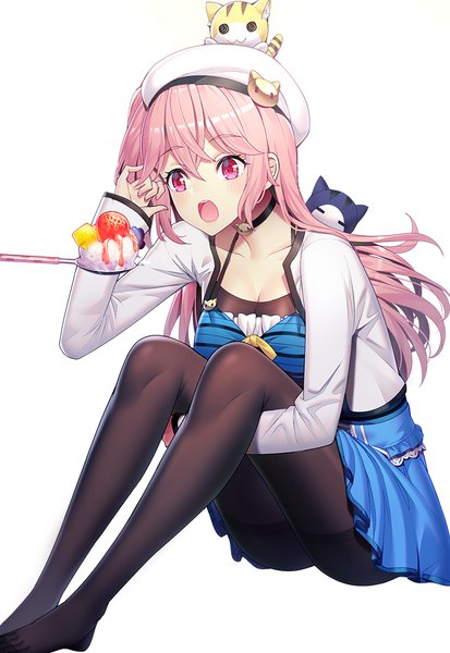 Anime picture 743x1078 with original emily stock ririko (zhuoyandesailaer) single long hair tall image blush fringe open mouth simple background hair between eyes white background sitting payot looking away pink hair cleavage bent knee (knees) pink eyes arm up