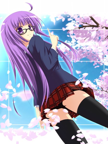 Anime picture 1050x1400 with angel koman single long hair tall image blush purple eyes purple hair zettai ryouiki cherry blossoms girl thighhighs skirt uniform black thighhighs school uniform miniskirt petals glasses