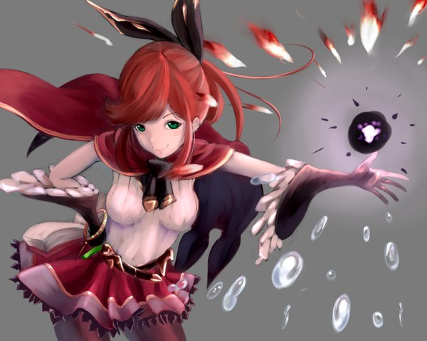 Anime picture 1280x1024 with granblue fantasy clarisse (granblue fantasy) tanshi (tansy520) single fringe short hair breasts simple background smile green eyes payot head tilt grey background sleeveless hand on hip outstretched arm magic drill hair frilly skirt girl