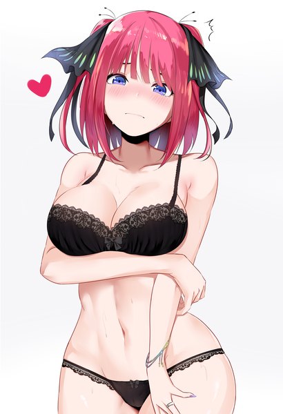 Anime-Bild 4000x5846 mit go-toubun no hanayome nakano nino reeze (artist) single tall image blush fringe highres short hair breasts blue eyes light erotic simple background large breasts standing payot pink hair absurdres cleavage blunt bangs