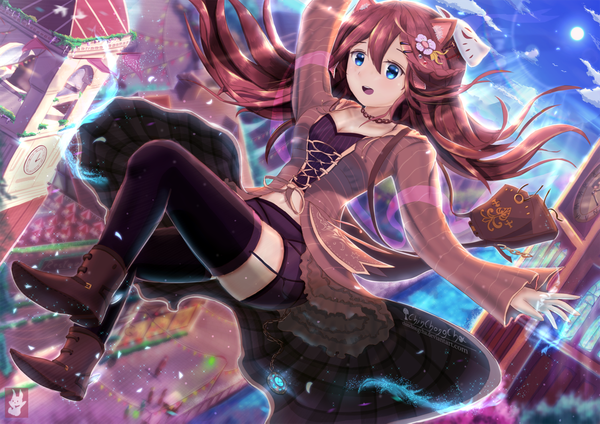 Anime picture 1280x905 with original chinchongcha single long hair fringe breasts open mouth blue eyes hair between eyes brown hair sky bent knee (knees) long sleeves hair flower sunlight spread arms mask on head girl thighhighs flower (flowers)